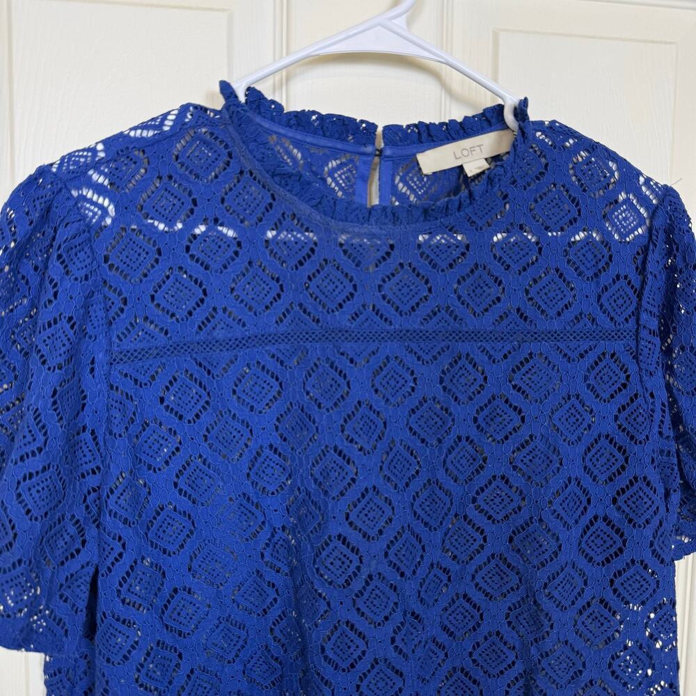 LOFT Blue Lace Short Sleeve Top Sheer Ruffle Collar Large - Picture 4 of 6